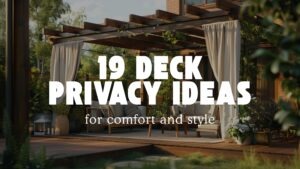 A bright, inviting backyard deck surrounded by various privacy solutions including lattice panels, vertical slat fencing, and lush greenery. The space features cozy seating, potted plants, and layered design elements that create both shade and seclusion. The layout showcases multiple styles of deck privacy walls in one harmonious outdoor area.
