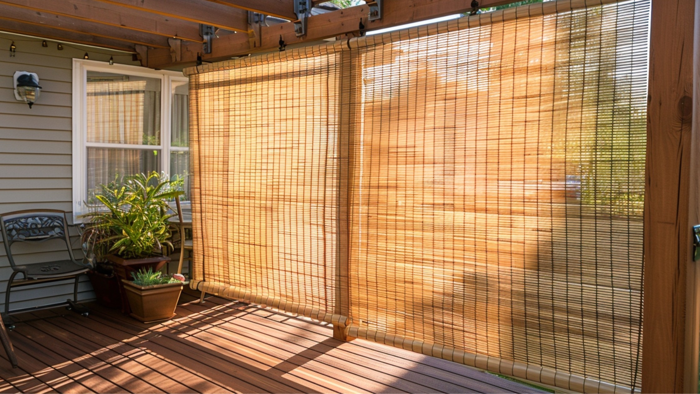 A deck bordered by roll-down bamboo shades hung from the edge of a pergola. The warm, natural bamboo tones filter sunlight and block views from neighboring yards. When lowered, the shades create a cozy, private oasis that blends seamlessly with the surrounding greenery.
