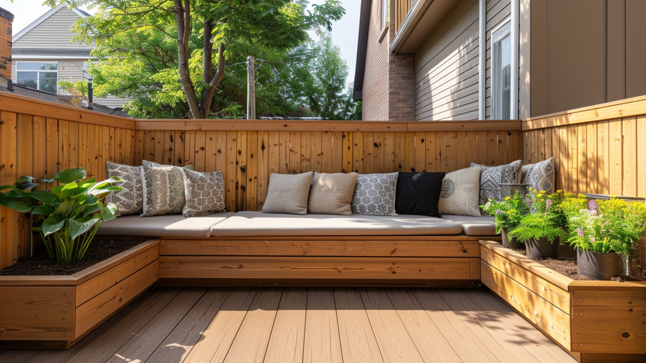 A deck seating area with a built-in wooden bench featuring a tall back panel that doubles as a privacy wall. The bench is adorned with comfortable cushions, while planters integrated into the design hold tall greenery. The structure creates a secluded corner for relaxing while saving space on smaller decks.