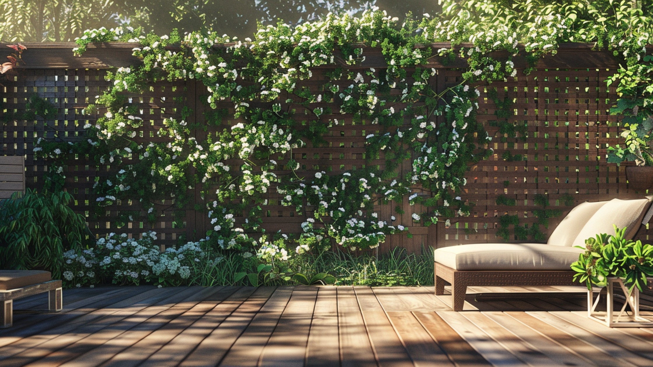 A backyard deck framed by a large wooden trellis covered in mature climbing vines. The lush greenery wraps around the structure, creating a living privacy wall with splashes of flowers peeking through. The deck’s seating area feels cool and shaded, with filtered light casting soft patterns on the floor. The natural screen blocks outside views while adding charm to the space.
