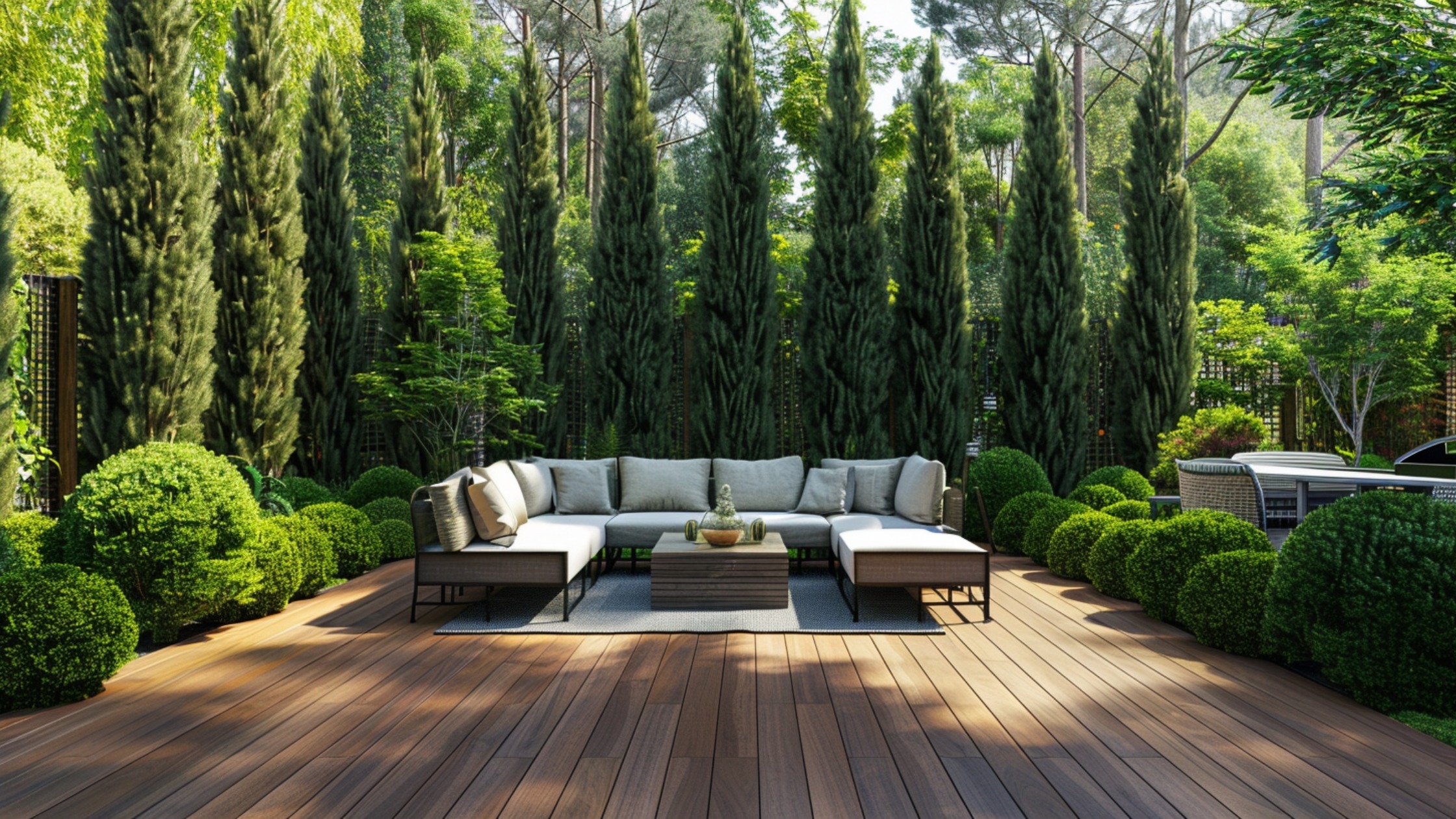 A spacious backyard deck bordered by tall, dense evergreen hedges. The rich green foliage forms a natural wall, offering complete year-round privacy from surrounding homes. The deck features simple outdoor furniture, allowing the vibrant hedges to frame the space beautifully. Sunlight highlights the textures of the leaves, making the greenery feel both protective and welcoming.