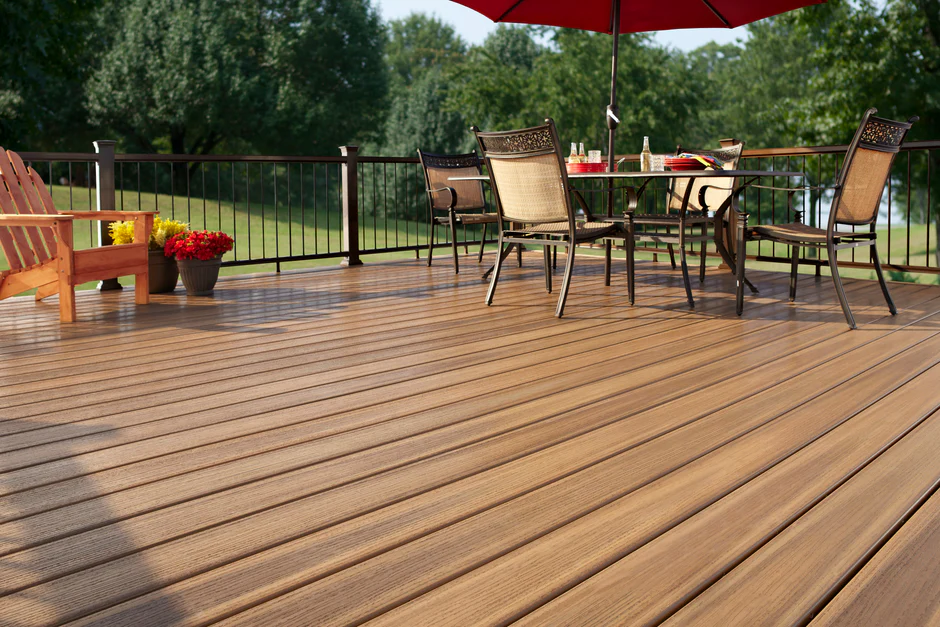 A spacious backyard deck built with Fiberon Paramount Brownstone boards, showcasing rich wood tones and realistic texture. The deck is furnished with metal patio chairs, a glass table, and a red umbrella, surrounded by a black railing and vibrant greenery in the background.