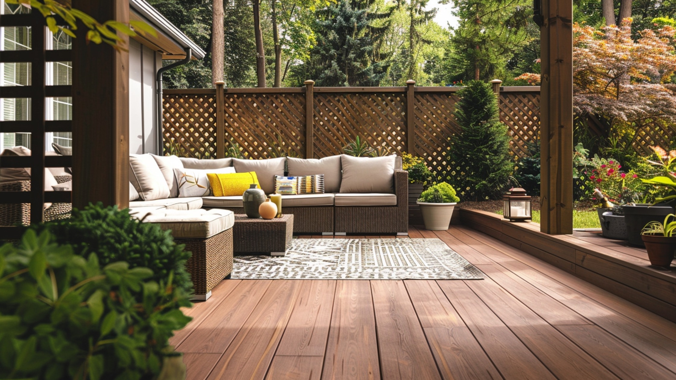 A private backyard deck completely enclosed by a tall, horizontal slat wood fence. The clean, modern design offers full coverage while still looking stylish. Warm natural wood tones complement the deck flooring and outdoor furniture. Surrounding landscaping softens the fence line, creating a secure and peaceful atmosphere.
