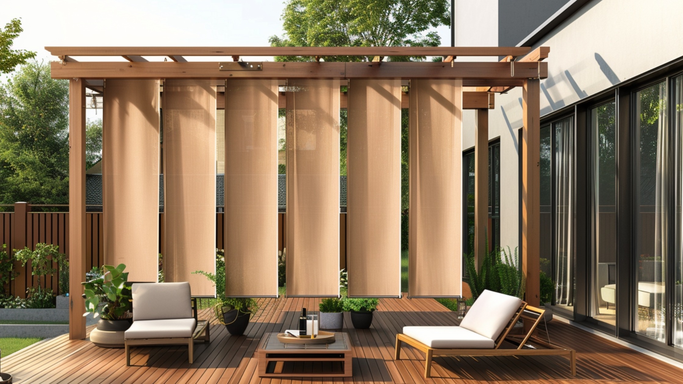 A backyard deck with tall, hanging fabric panels suspended from a pergola structure. The solid, weather-resistant panels are drawn closed along one side of the deck, providing both color and privacy. Their placement creates an intimate, enclosed feel without permanently blocking the view.