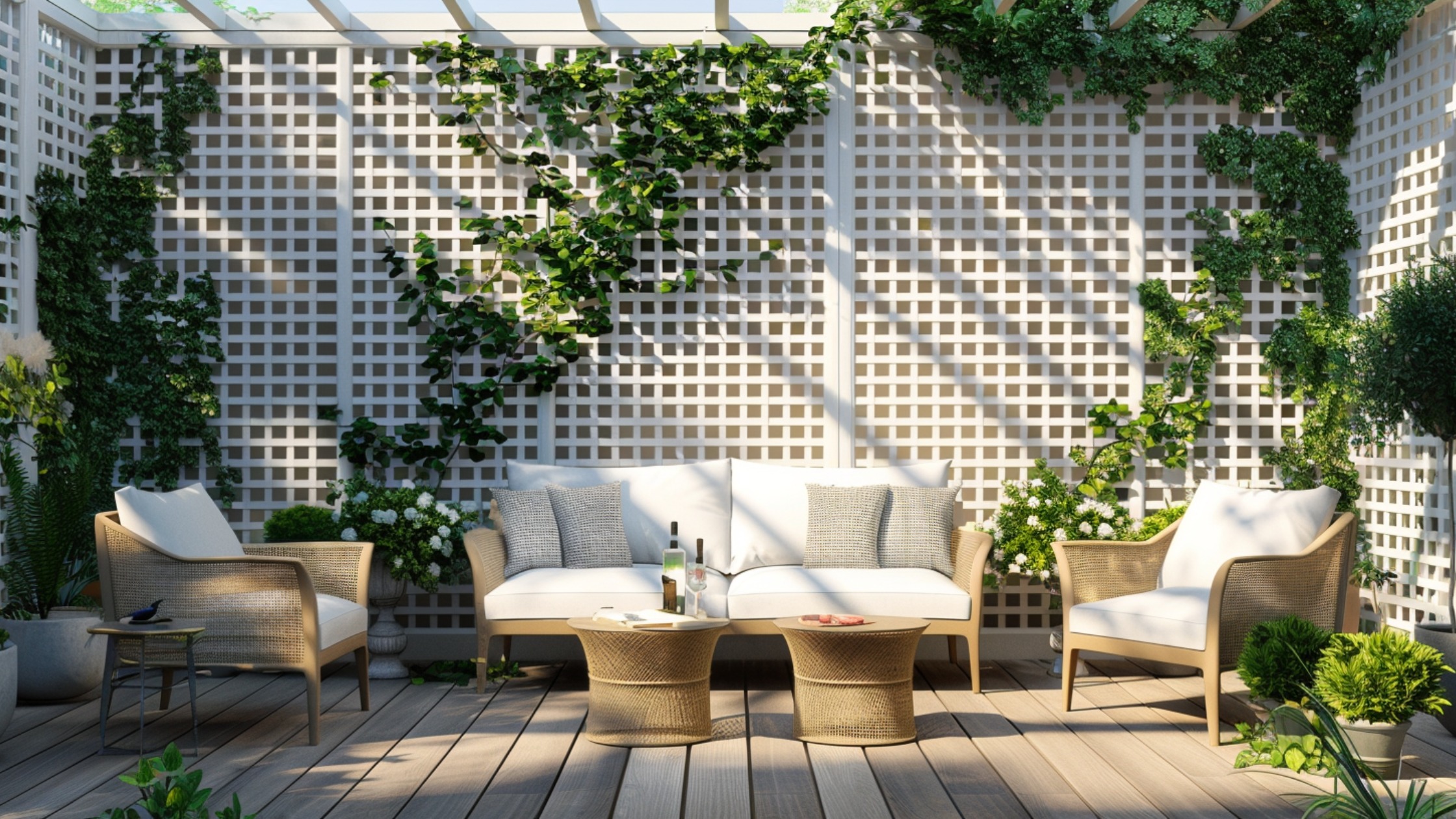 A bright backyard seating area backed by tall white lattice panels covered with climbing vines. The open grid lets light and air through while blocking views, a classic deck privacy wall idea that keeps a private deck feeling open. A timeless, low-maintenance option among deck privacy options.