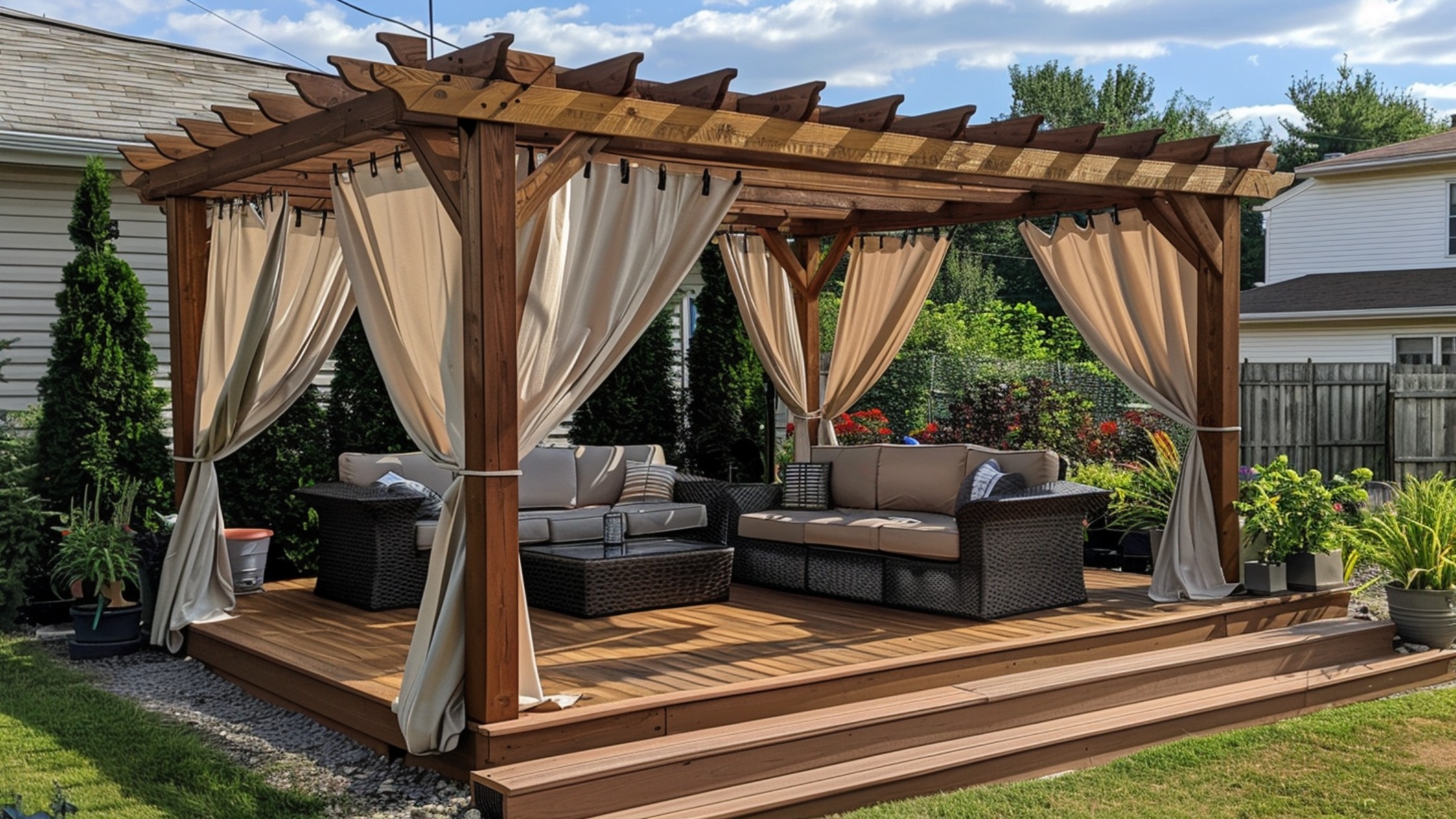 A cozy backyard deck with weather-safe outdoor curtains hanging from a pergola. The curtains, in a soft neutral color, are drawn halfway closed to provide shade and privacy from neighboring views. The breezy fabric moves gently in the wind, giving the seating area an intimate, inviting feel.