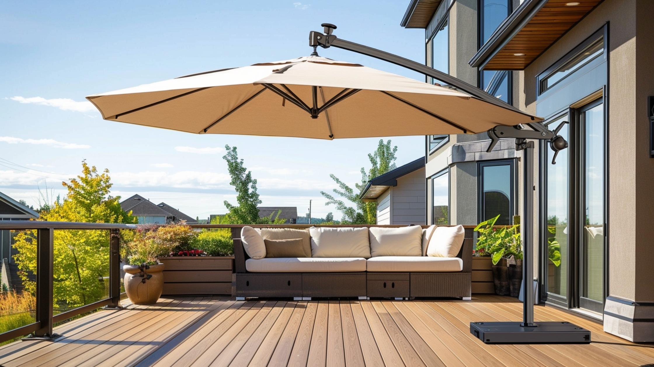 A spacious deck with multiple large outdoor umbrellas positioned over seating areas. The wide canopies provide shade and block sightlines from nearby homes. Their placement allows flexibility, giving privacy where needed most while adding a pop of color to the space.
