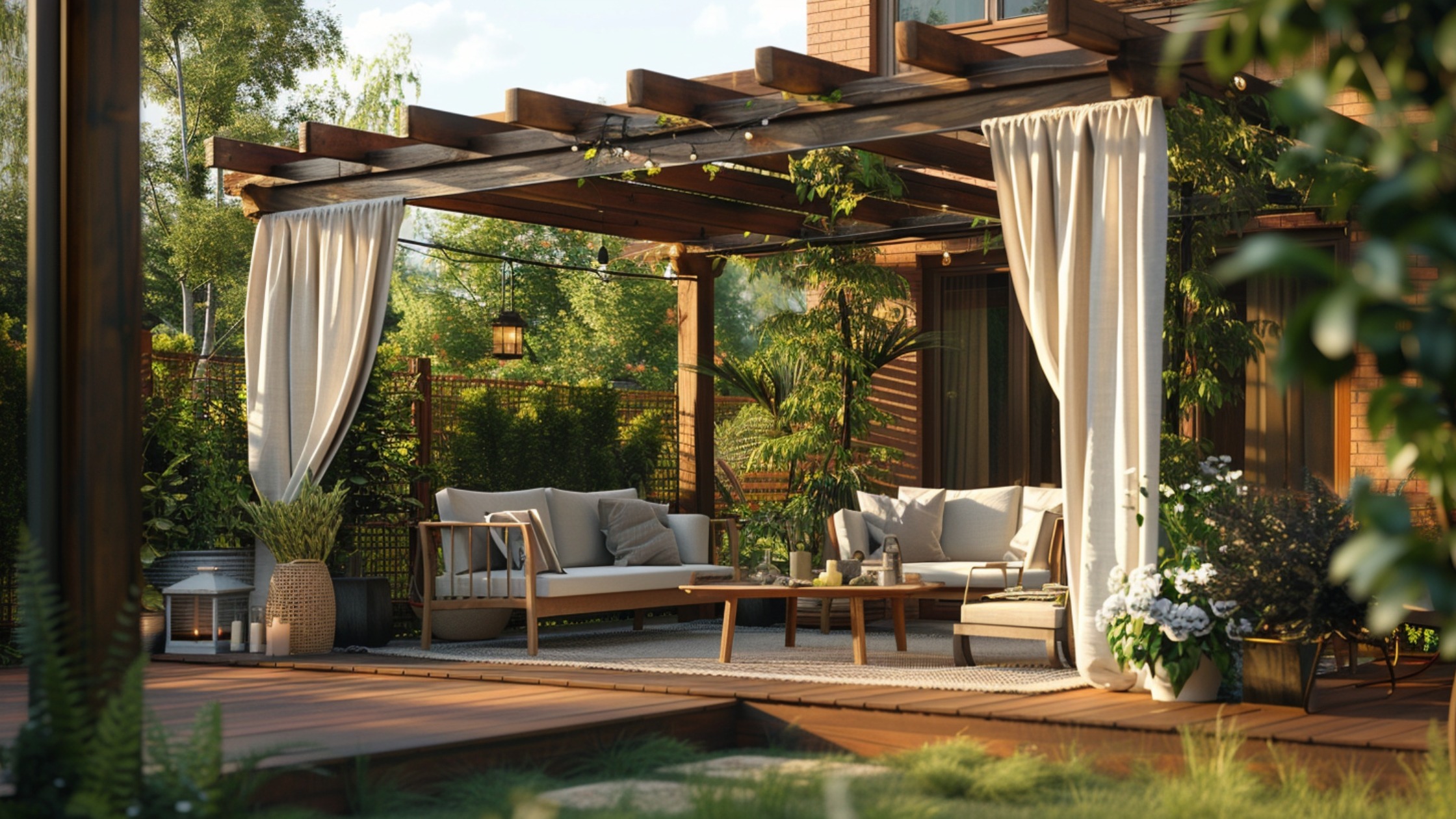 A suburban backyard deck with a sturdy wooden pergola draped in flowing outdoor fabric panels. The soft, light-colored curtains are pulled partly closed, creating a cozy, private seating area shielded from neighboring views. Sunlight filters gently through, highlighting the warm wood tones of the deck and the inviting furniture beneath. Lush greenery surrounds the deck, enhancing the secluded feel.
