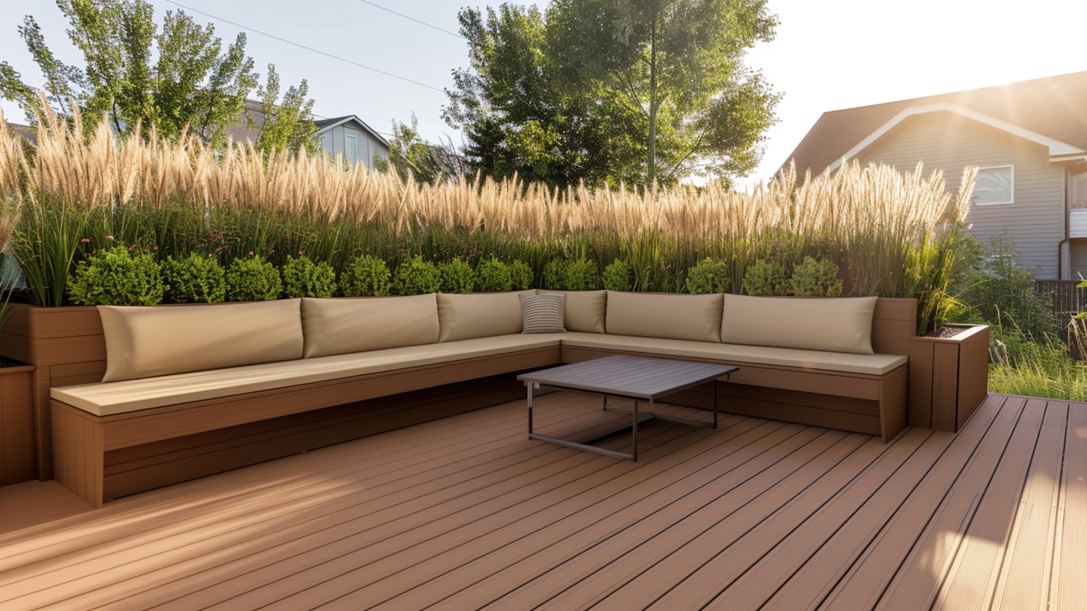 A deck corner featuring a wooden bench with built-in planter boxes at each end. The planters are filled with tall ornamental grasses and flowering plants that rise above the seating height, forming a natural privacy screen. The design blends comfort with greenery, making the space feel secluded and welcoming.