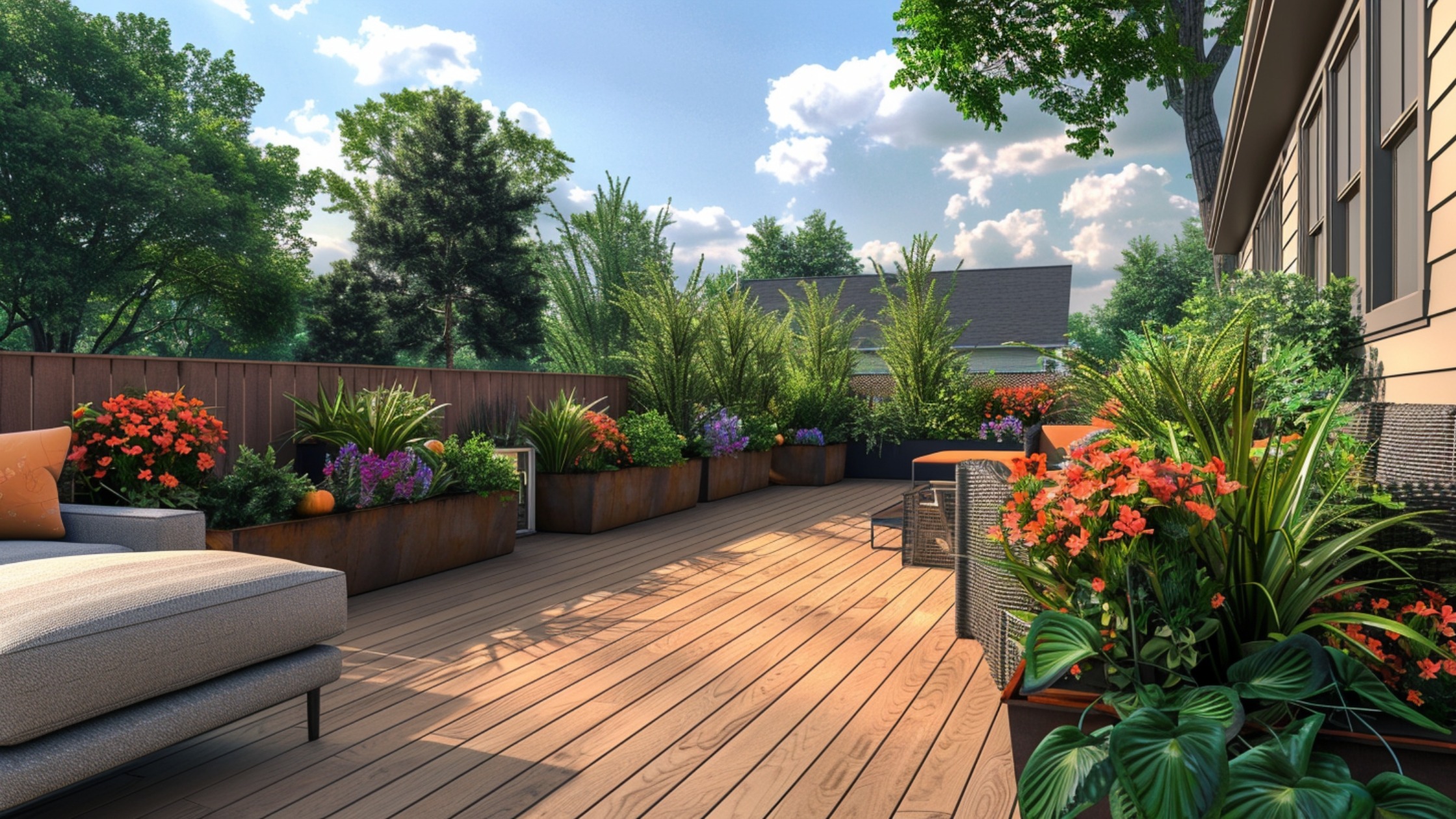 A deck lined with tall, oversized planters filled with a mix of ornamental grasses, flowering shrubs, and leafy evergreens. The plants are arranged closely to form a vibrant, movable privacy wall. The planters are made from weather-resistant materials, blending seamlessly with the deck design. The greenery adds height, texture, and a lush backdrop that shields the space from neighbors.