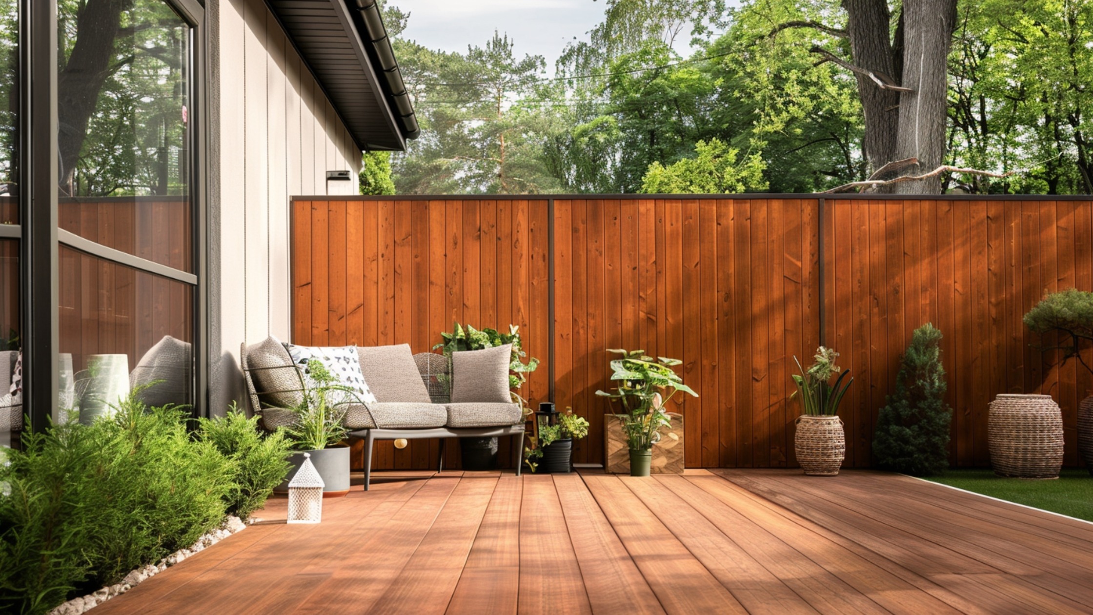 A suburban deck featuring a tall, solid wood wall painted in a warm neutral tone. The wall blocks all outside views, creating a sheltered retreat perfect for urban or close-proximity homes. Textured paneling adds interest, while potted plants at the base bring in natural elements. The space feels private, calm, and protected from wind and noise.