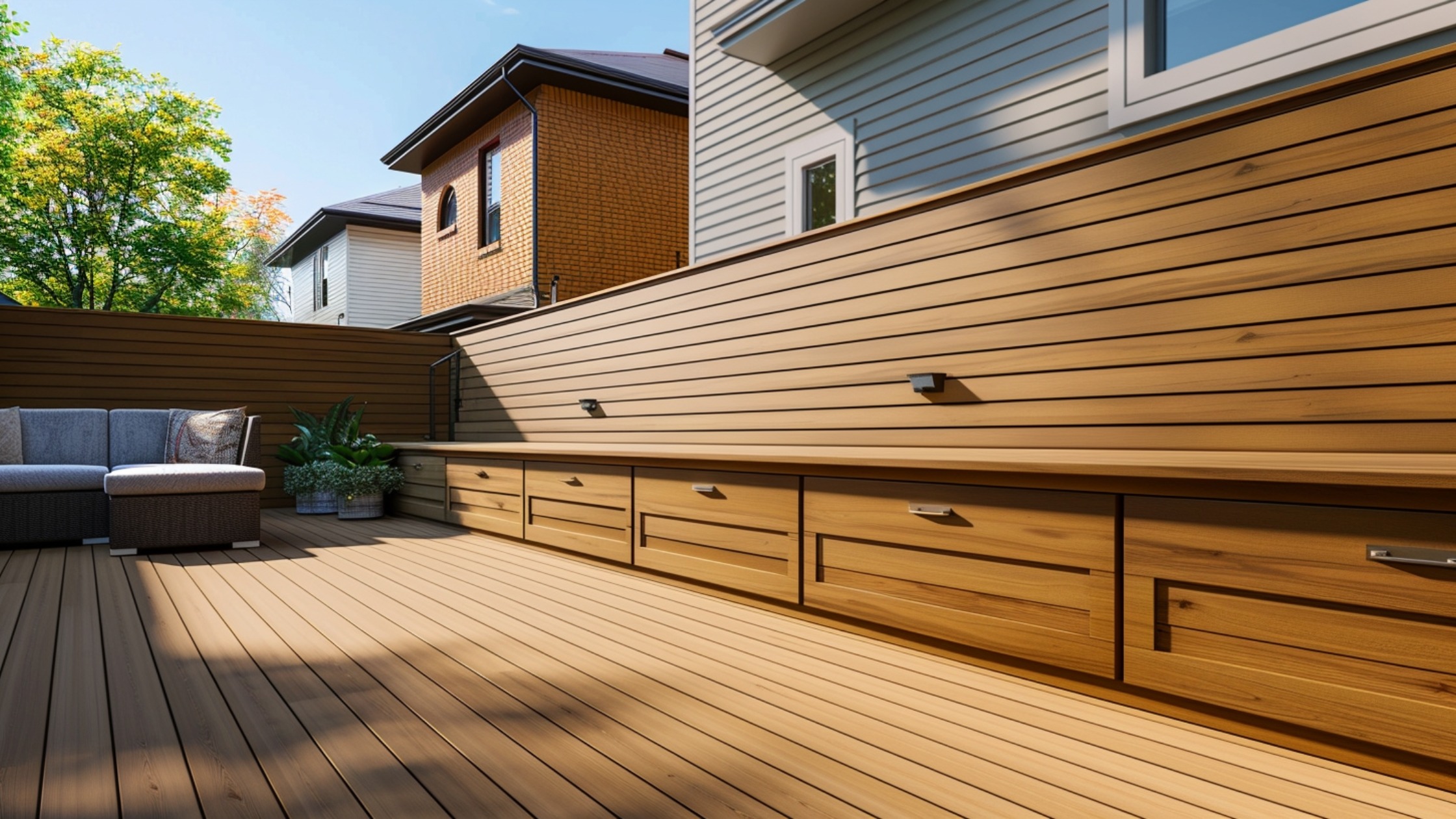 A deck with a tall, built-in storage wall made from matching composite decking material. The wall hides the seating area from view while providing hidden compartments for cushions, tools, and outdoor gear. The design keeps the space tidy while creating a sleek, cohesive backdrop.