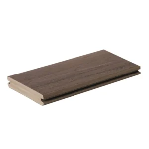 TimberTech Landmark American Walnut Grooved Edge Decking Board, showcasing realistic wood grain textures and side grooves for hidden fasteners. The mid-brown tones and matte finish give it a natural hardwood appearance.