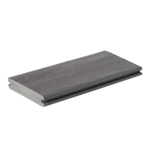 A TimberTech Landmark Castle Gate grooved-edge PVC deck board displayed on a white background. The board features a cool gray finish with realistic wood grain detailing and grooved edges on both sides for hidden fastener installation.