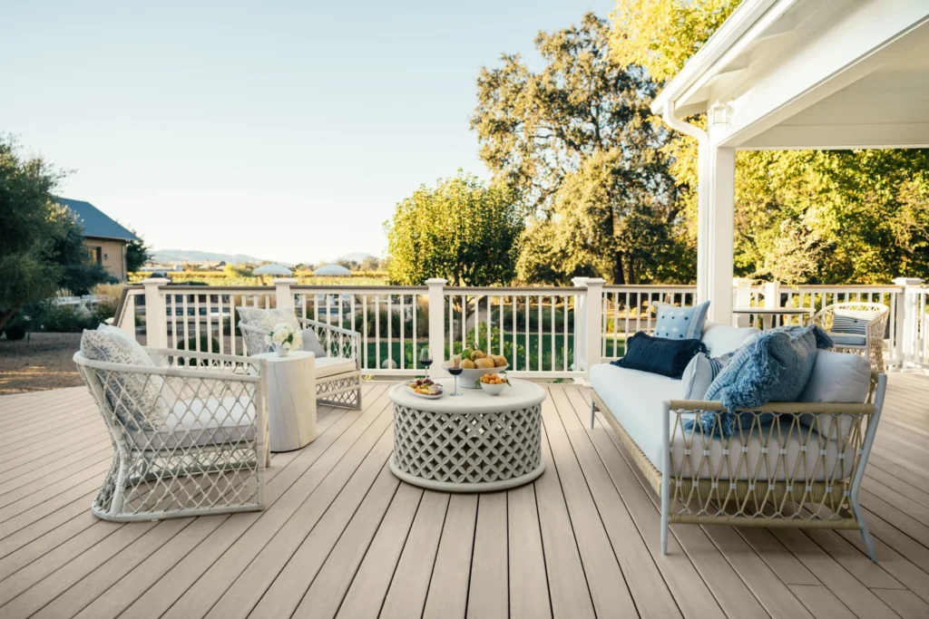 A stylish backyard deck showcases TimberTech Landmark French White Oak decking with a light, elegant tone. The outdoor space is furnished with white wicker seating, blue and gray cushions, and a round white coffee table, creating a serene and cozy ambiance surrounded by lush greenery and a vineyard view.