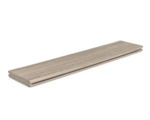 Close-up of a TimberTech Landmark Collection grooved-edge decking board in French White Oak, featuring warm gray tones with subtle woodgrain textures and grooved sides for hidden fastener installation.