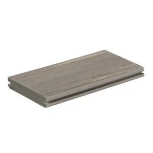 TimberTech Vintage Coastline grooved-edge PVC decking board shown in a sleek, weathered gray finish, designed for hidden fasteners and a clean, seamless installation.
