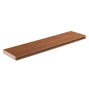 TimberTech Vintage Cypress grooved edge decking board features a tongue-and-groove profile in a rich cypress shade, offering a smooth surface and hidden fastener compatibility.
