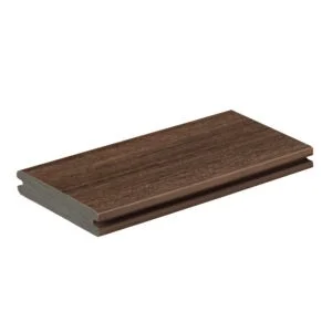 TimberTech Vintage English Walnut grooved edge Advanced PVC decking board, featuring a realistic textured surface and precision side groove for hidden fasteners.