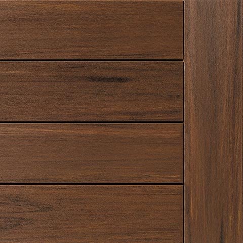 TimberTech Vintage Mahogany PVC deck board with a deep reddish-brown tone and realistic grain pattern, mimicking tropical hardwood for a luxurious finish.