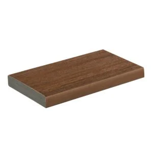A standard TimberTech Vintage Mahogany square shoulder board with full-profile edges and classic wood-inspired detailing, perfect for versatile deck designs.
