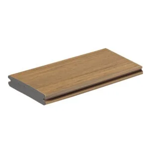 TimberTech Vintage Weathered Teak Grooved Edge Decking Board with advanced PVC core, featuring a warm teak finish and grooved sides for hidden fastener installation.