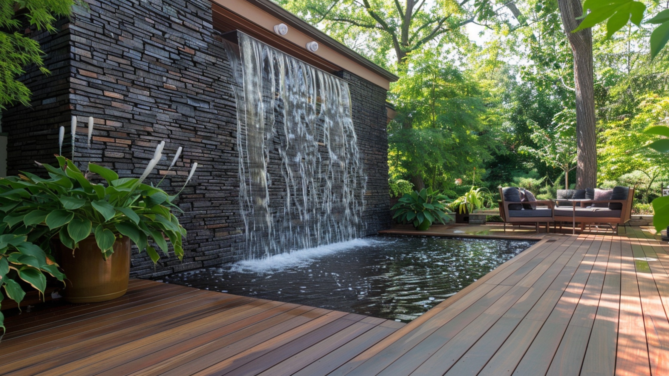 A backyard deck with a stunning water feature privacy wall made from stacked stone. Water cascades down the textured surface, producing a calming sound that masks outside noise. The structure doubles as a full visual barrier, creating a tranquil retreat surrounded by lush plants.