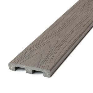 Deckorators Tropics Tidal Gray decking with a solid-edge scalloped profile, highlighting its refined gray color and natural woodgrain patterning for visible edge use.