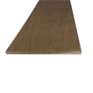 Deckorators Summit fascia board in Boulder, shown from a side angle. Displays a smooth, low-gloss brown finish with subtle woodgrain detailing—ideal for deck trim and vertical fascia applications.