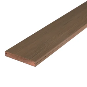Grooved-edge Summit deck board in Boulder, showcasing the brown-toned surface and wood-like texture. The board features routed edges for hidden fastener installation and a clean deck surface.