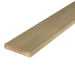 Grooved-edge Cliffside deck board with a light beige tone and streaked wood texture. The routed edges are designed for hidden fastener installation, offering a seamless surface.