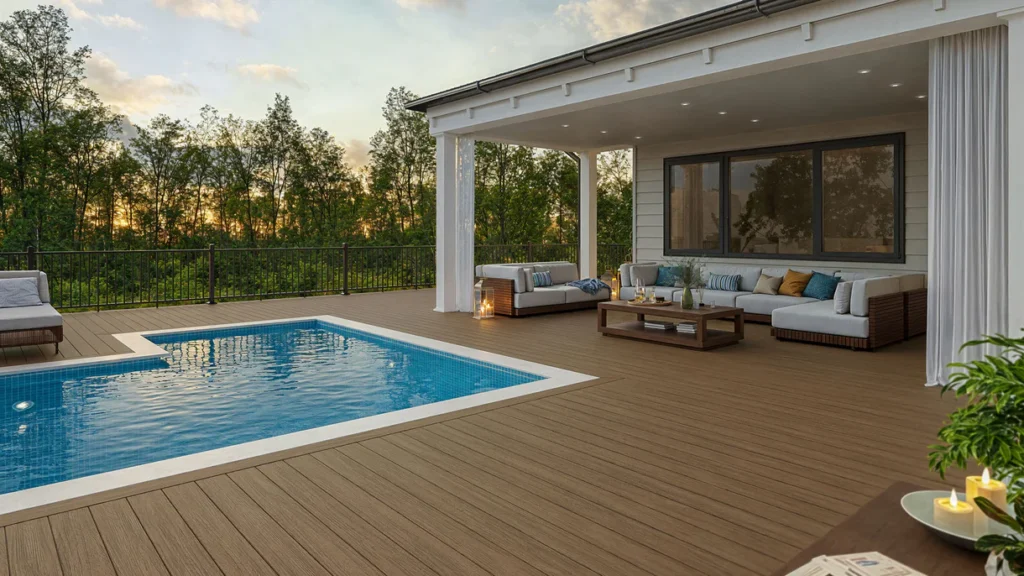 Backyard deck built with Deckorators Summit Boulder decking surrounds a modern pool and covered patio. The warm brown boards create a cozy, refined outdoor space with white trim and outdoor seating.