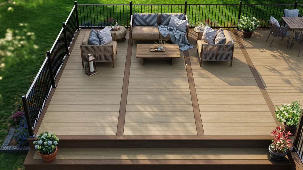 Backyard deck using Summit Cliffside as the field color with Boulder accent borders. Wicker seating and black railing complete the warm, cozy outdoor layout surrounded by greenery.