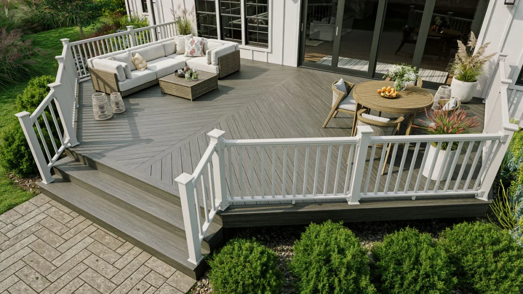 Multi-level deck finished in Glacier with crisp white railings and cozy seating areas. The refined color and chevron layout elevate this bright, stylish outdoor living space.