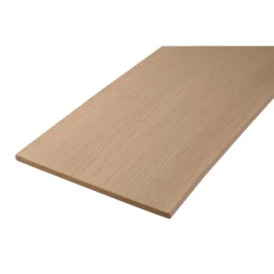 TimberTech Harvest Collection Brownstone fascia board. Crafted from durable PVC material, this board features a flat profile and subtle wood-like embossing, designed to finish stair risers or vertical fascia on composite deck builds.