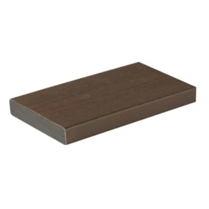 TimberTech Harvest Kona square-shoulder PVC decking board shown in detail, featuring a rich brown hue and natural-looking wood grain, designed for premium deck builds with hidden fastener compatibility.