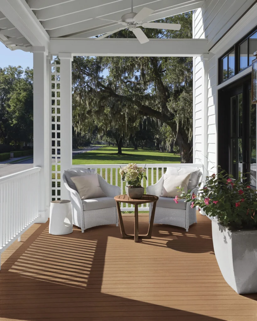 White porch with two wicker chairs and a round wooden table over TimberTech Porch Cypress decking, a warm reddish-brown tone that complements the outdoor greenery and classic Southern architecture.