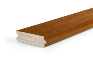 Side view of a TimberTech Porch Cypress tongue-and-groove deck board showing the deep reddish-brown woodgrain finish and the advanced PVC core for long-lasting durability.