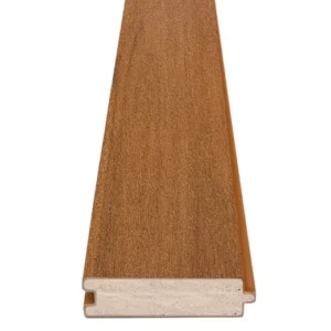 Top-down close-up of TimberTech Porch Cypress wide tongue-and-groove board, highlighting its rich, warm color and smooth, straight-grain pattern perfect for front porches.