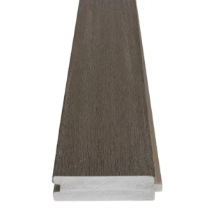 A top-down view of the TimberTech Porch Dark Hickory tongue-and-groove board, highlighting its rich dark brown woodgrain finish and seamless edge-to-edge profile. The surface is finely textured to mimic natural hardwood without splinters or warping.