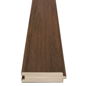 Overhead view of TimberTech Porch English Walnut board showing the wide face and realistic woodgrain finish in a medium-dark brown, designed for porch installations.