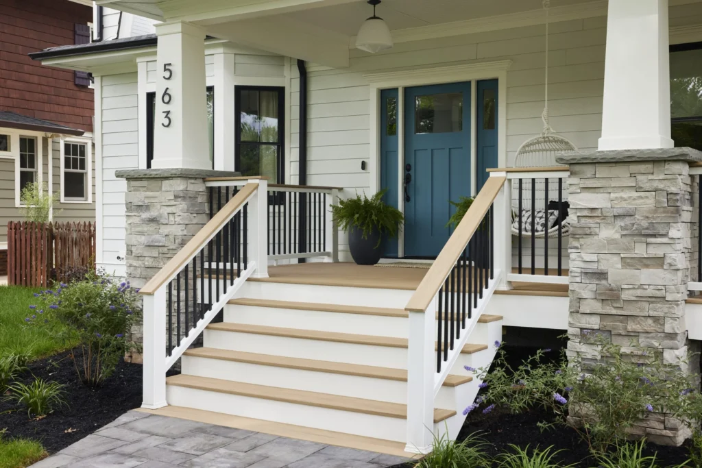 A cozy front porch with wide steps and Weathered Teak TimberTech PVC decking, featuring soft tan tones that complement the stone column bases, black railings, and blue front door.