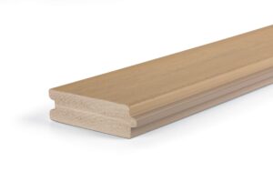 Close-up of a TimberTech Weathered Teak tongue-and-groove PVC decking board, showing its warm tan hue and realistic woodgrain texture with a solid PVC core.