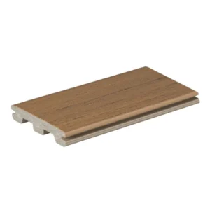Grooved-edge version of TimberTech Prime+ Coconut Husk composite decking board. Features a light brown, nature-inspired tone with clean lines and subtle streaking, designed for use with hidden fastening systems for a sleek deck surface.