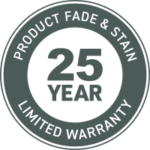 TimberTech Prime+ decking comes with a 25-year limited warranty for fade and stain resistance. This circular badge displays the number “25” boldly in the center, encircled by the words “Product Fade & Stain” and “Limited Warranty.” It reflects the long-term color integrity and performance you can expect from Prime+ products.