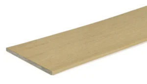 Flat view of the TimberTech Terrain+™ Natural White Oak fascia board, featuring a soft light oak color and clean woodgrain finish designed to conceal deck framing with style.