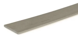 Angled view of the TimberTech Terrain+ Weathered Oak composite riser board, designed for stair applications with a uniform profile and soft gray wood-like texture.