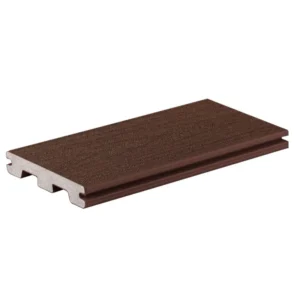 TimberTech Terrain Rustic Elm grooved-edge composite decking board designed for hidden fastener installation with enhanced color blending and capped protection.