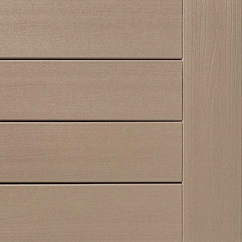 TimberTech Terrain+ Sandy Birch composite decking swatch in a soft beige tone with subtle linear wood grain. The muted finish gives a clean, bright aesthetic perfect for coastal or contemporary decks.