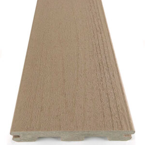 Close-up view of TimberTech Terrain Sandy Birch grooved-edge decking board, showcasing its light brown tone and realistic wood grain texture; ideal for low-maintenance outdoor living with a soft, neutral aesthetic.
